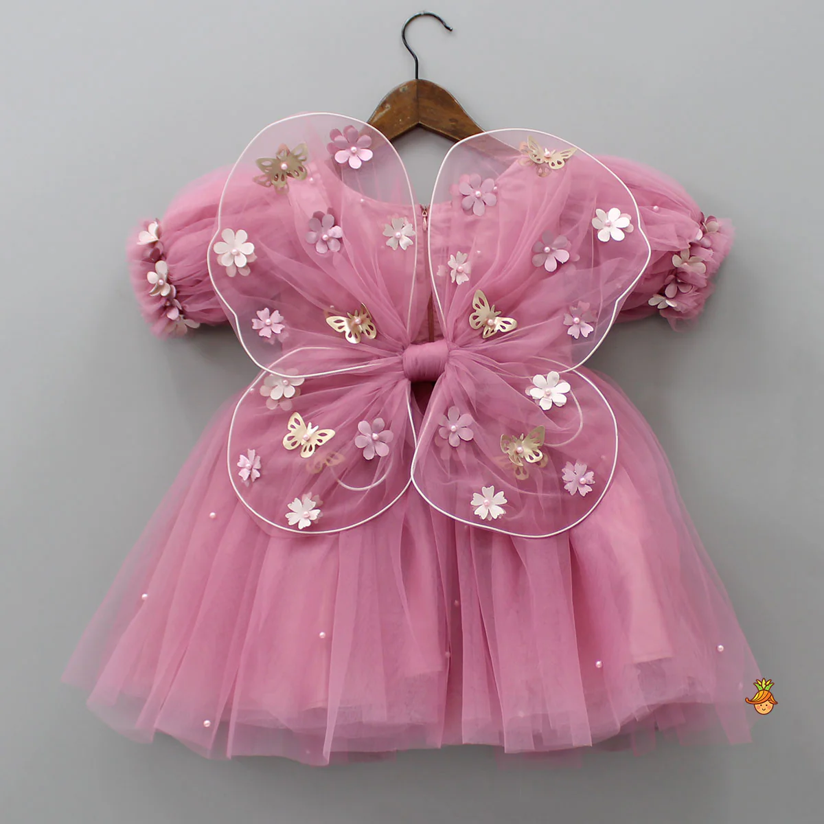 Flower Enhanced Pink Butterfly Wings Dress With Head Band - Image 2