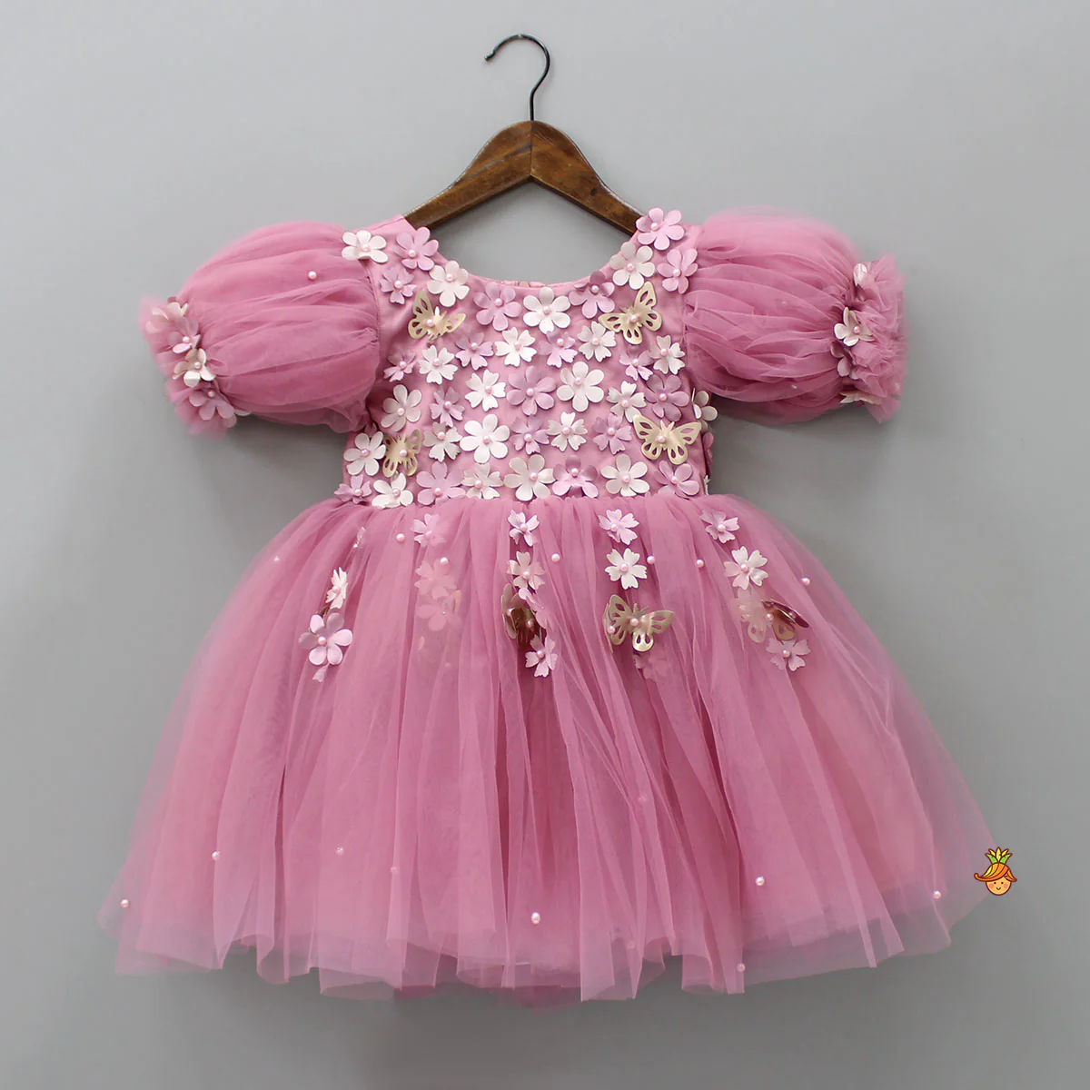Flower Enhanced Pink Butterfly Wings Dress With Head Band - Image 3