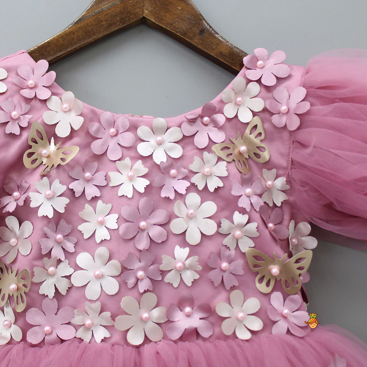 Flower Enhanced Pink Butterfly Wings Dress With Head Band - Image 5