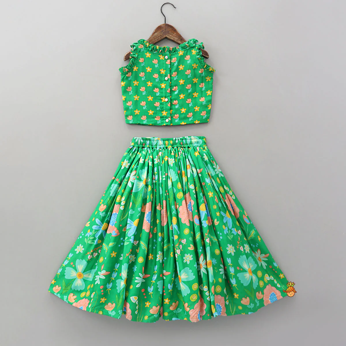 Frilled Neckline Crop Top And Lehenga With Matching Net Dupatta - Image 2