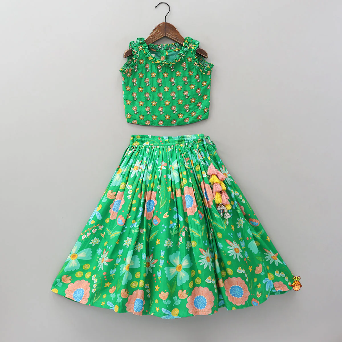Frilled Neckline Crop Top And Lehenga With Matching Net Dupatta - Image 3