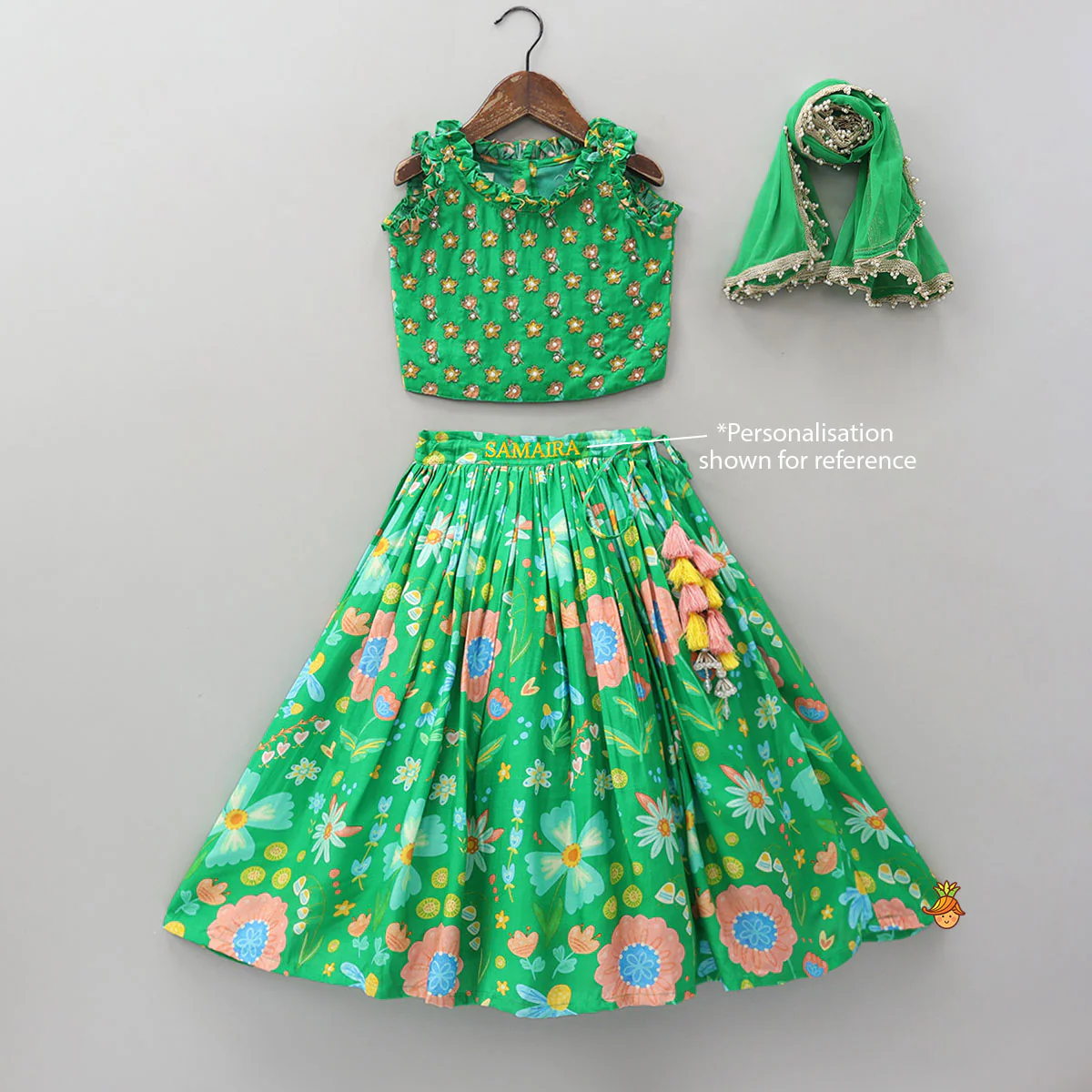 Frilled Neckline Crop Top And Lehenga With Matching Net Dupatta - Image 9