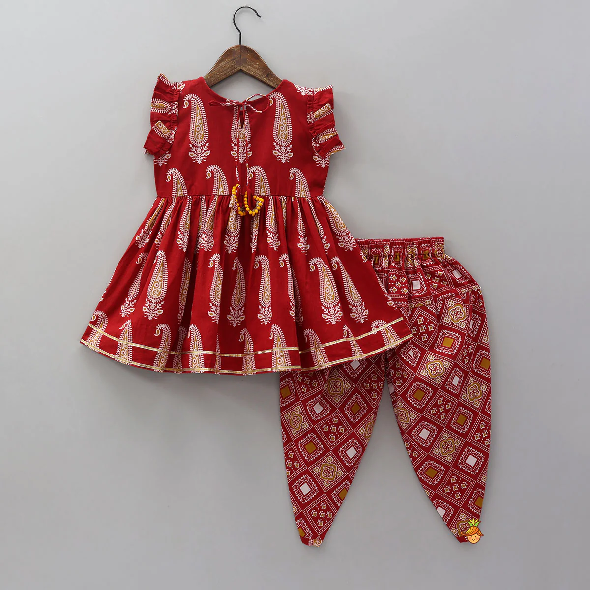Frilled Sleeves Printed Kurti And Dhoti With Matching Dupatta - Image 2