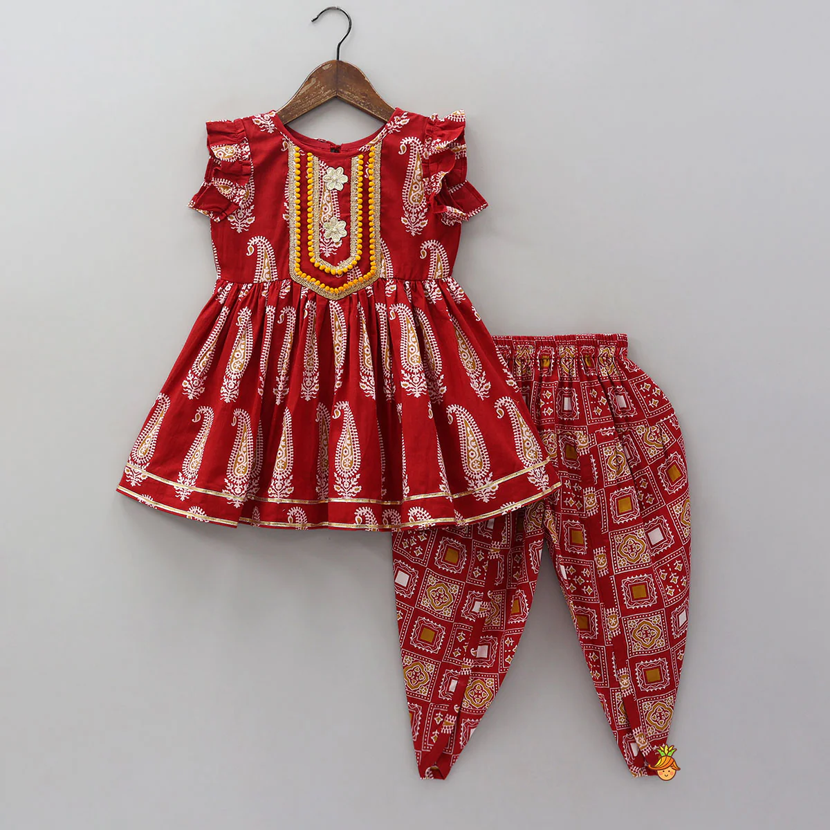 Frilled Sleeves Printed Kurti And Dhoti With Matching Dupatta - Image 3
