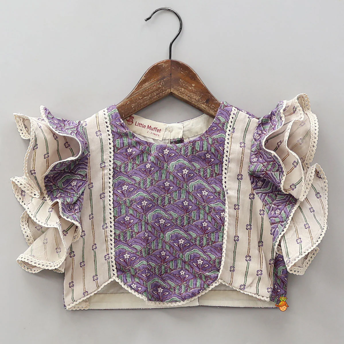 Frilly Sleeves Detailed Cotton Top And Lehenga - Image 3