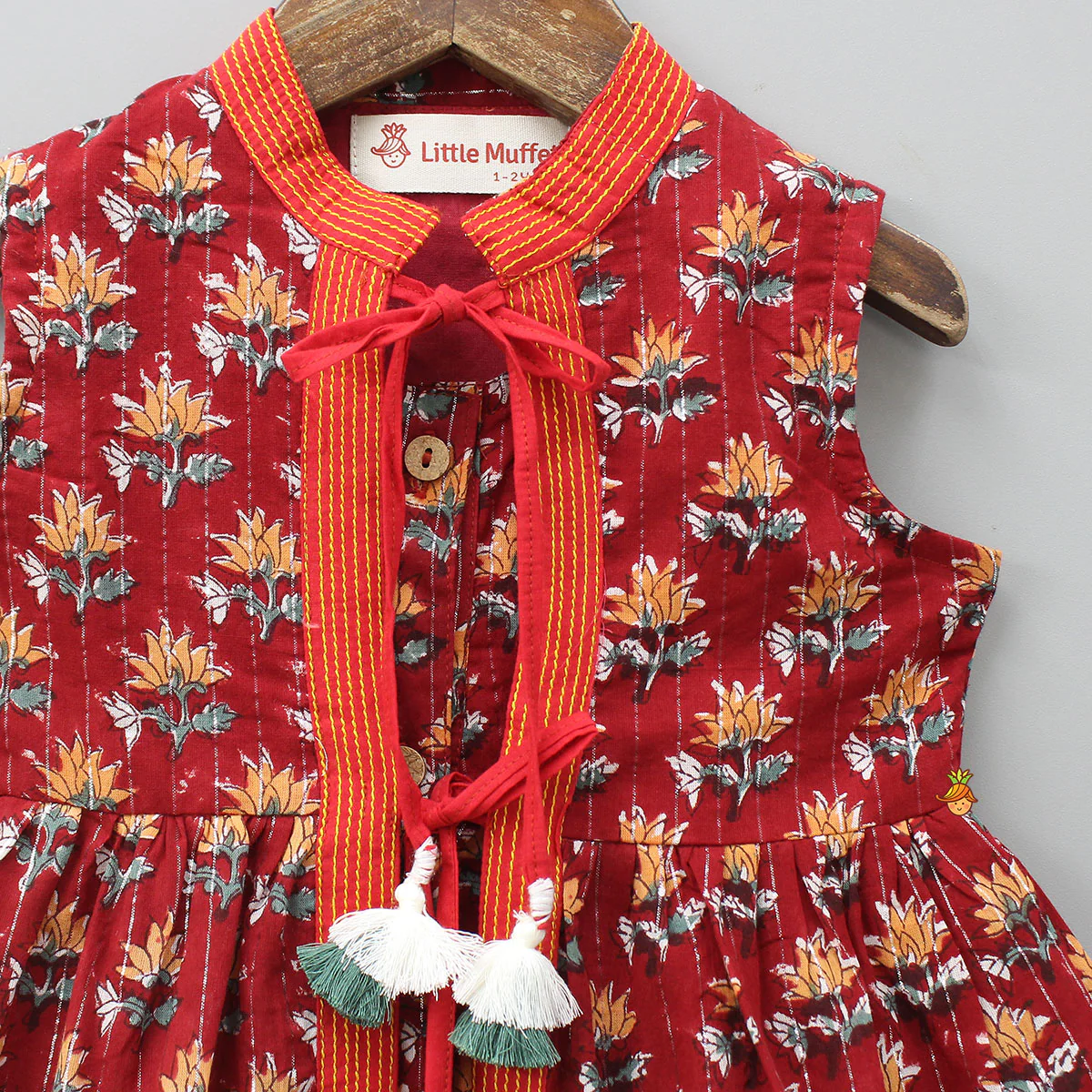 Fringes Tassels Detail Layered Jacket Style Red Kurti - Image 3