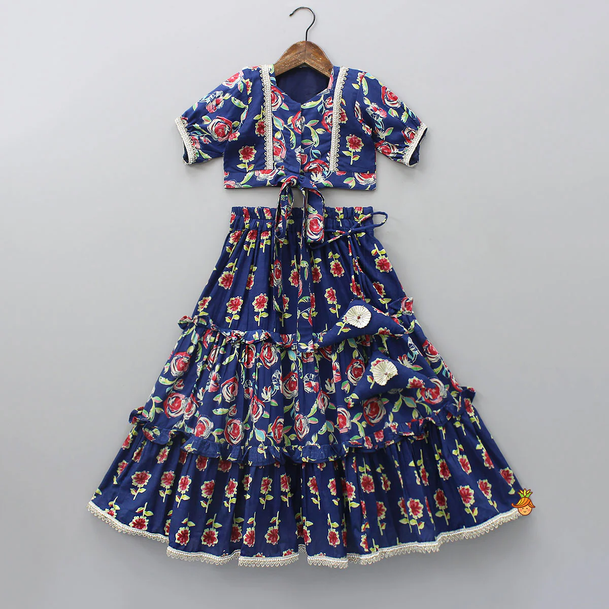Front-Open Floral Printed Top And Lehenga With Matching Dupatta - Image 3