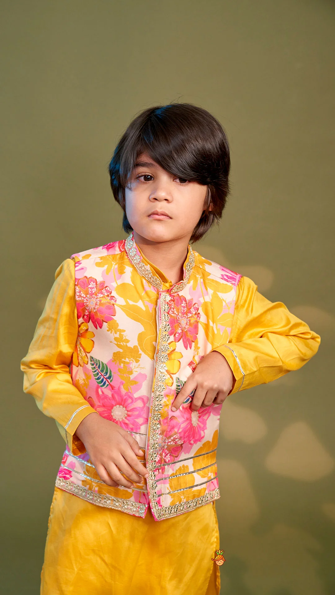 Front Placket Kurta With Floral Printed Multicolour Jacket And Pyjama - Image 5