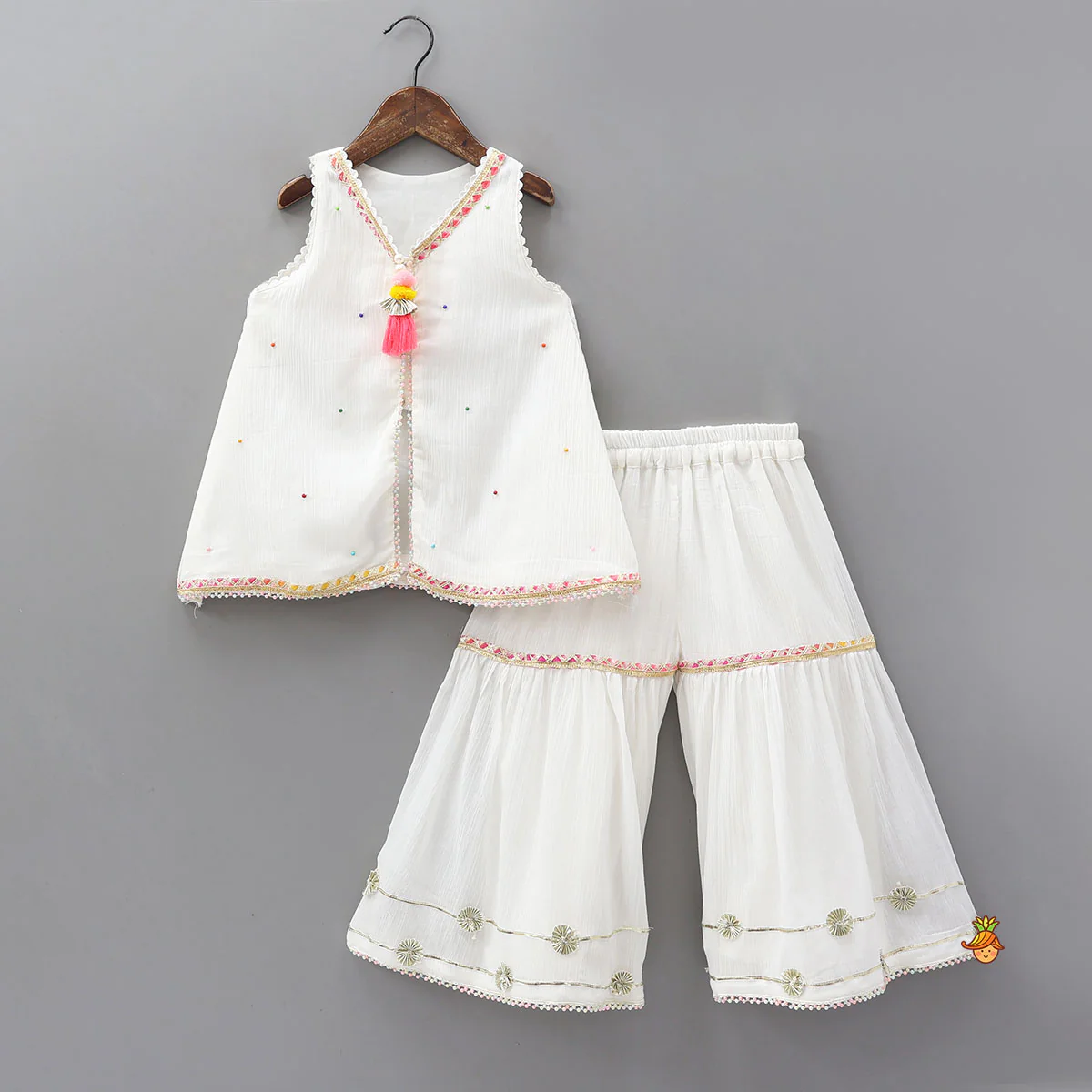 Front Slit Kurti And Matching Flared Sharara With Contrasting Dupatta - Image 3
