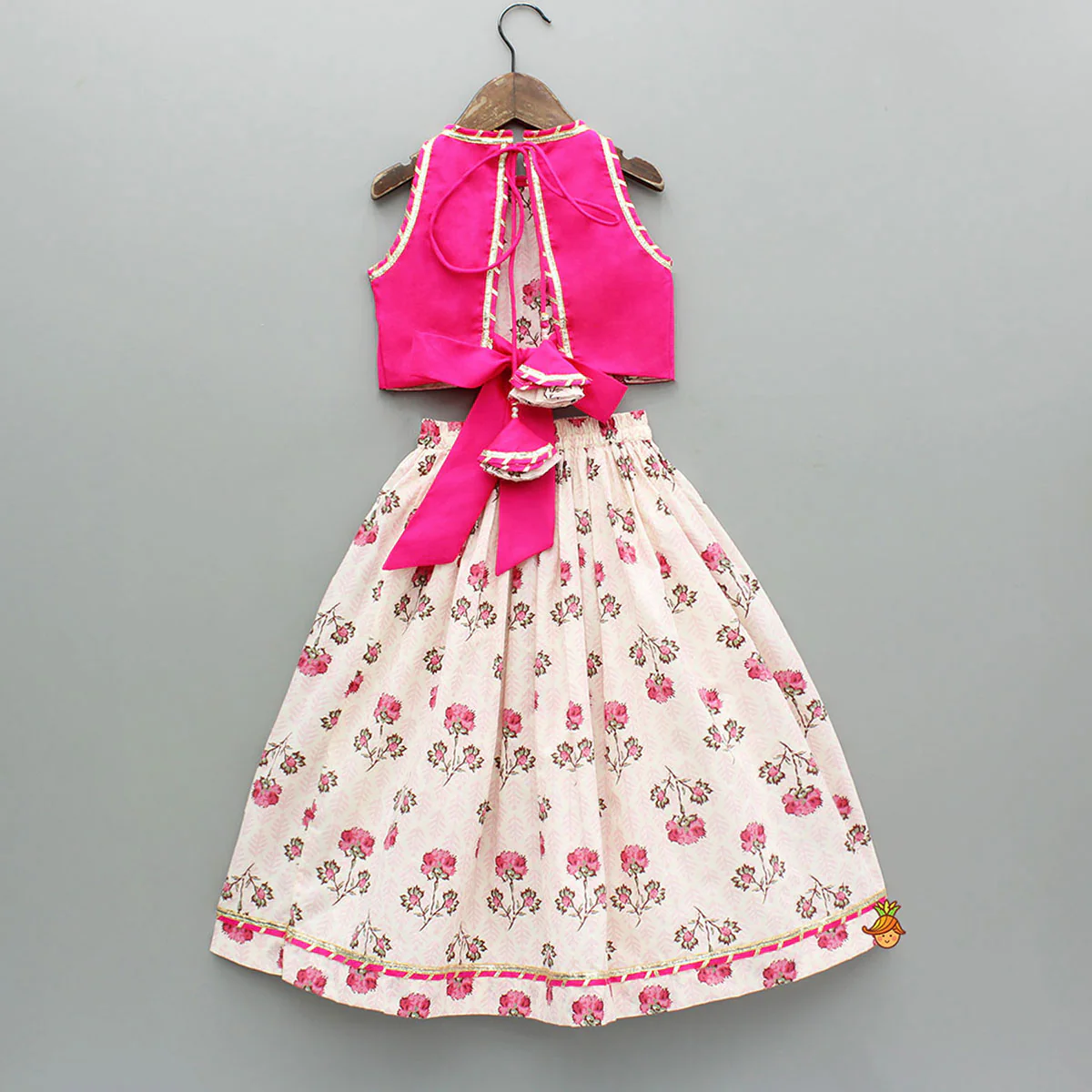 Goddess Embroidered Pink Top And Beautiful Tassels Embellished Lehenga With Matching Sling Bag - Image 2