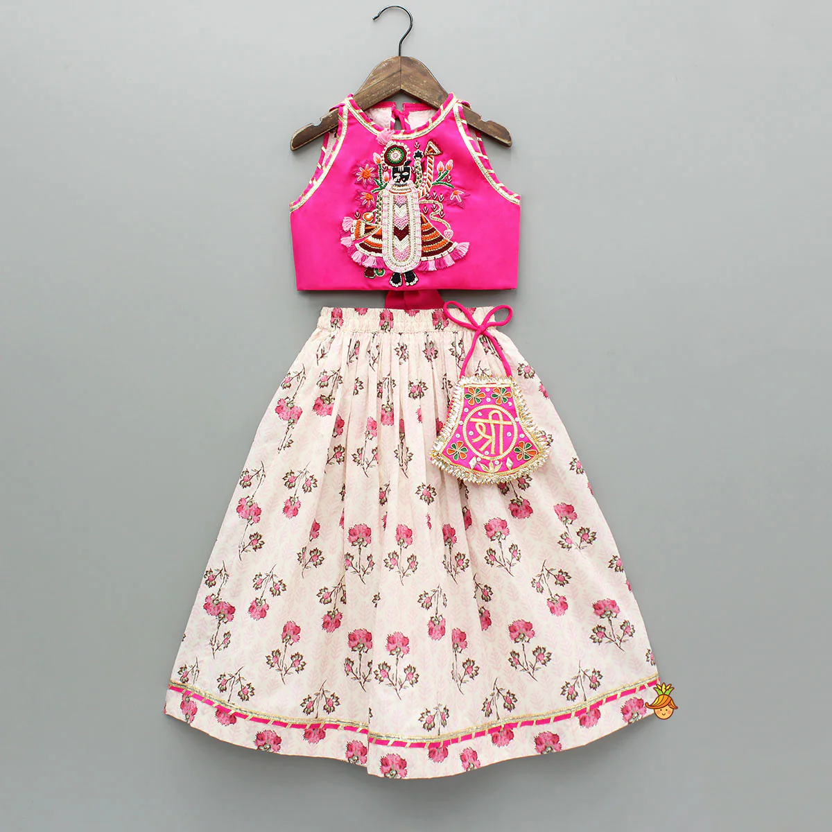 Goddess Embroidered Pink Top And Beautiful Tassels Embellished Lehenga With Matching Sling Bag - Image 3