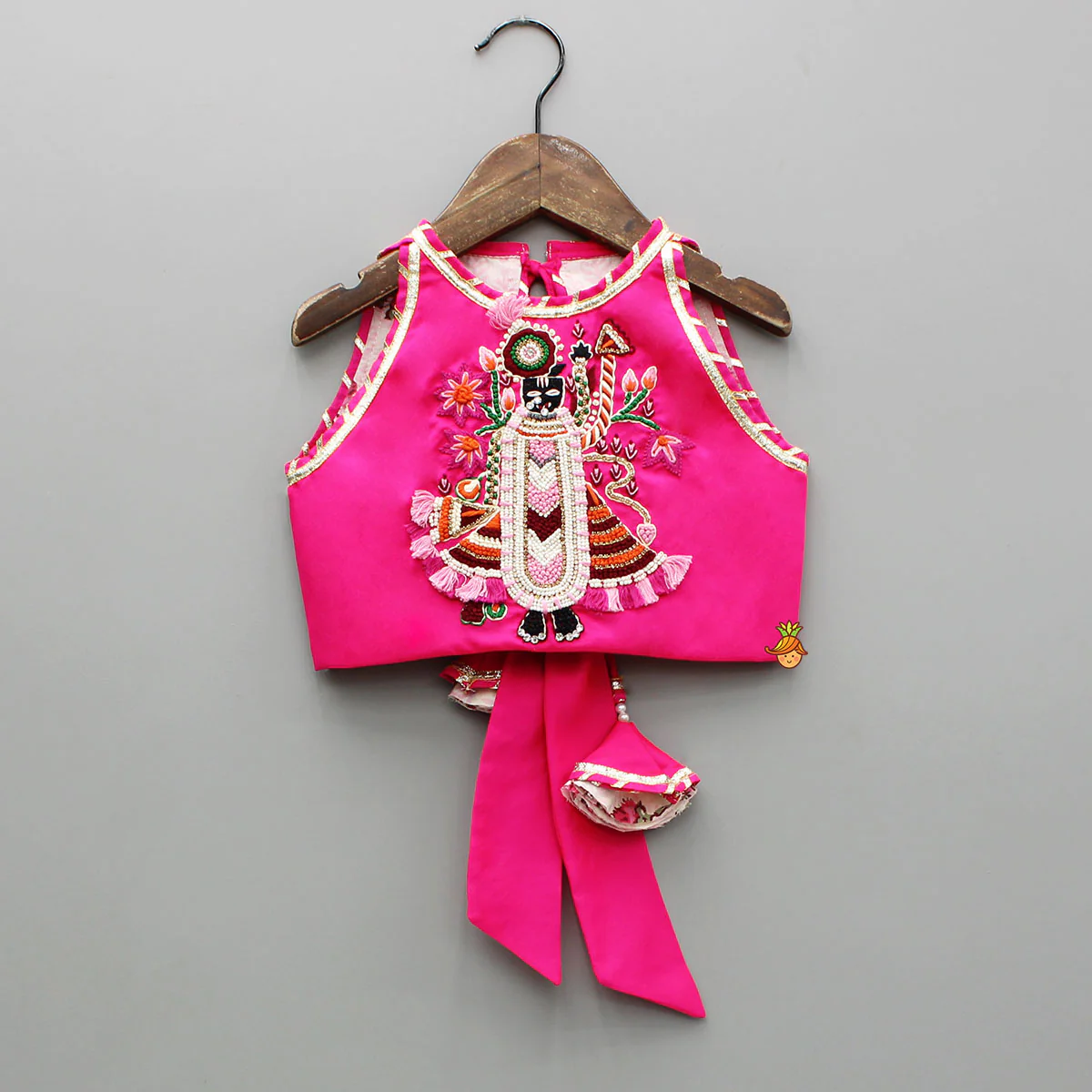 Goddess Embroidered Pink Top And Beautiful Tassels Embellished Lehenga With Matching Sling Bag - Image 4