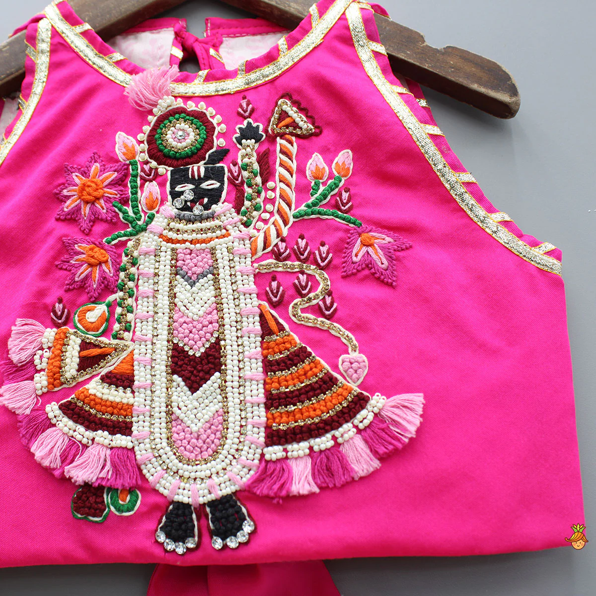 Goddess Embroidered Pink Top And Beautiful Tassels Embellished Lehenga With Matching Sling Bag - Image 6