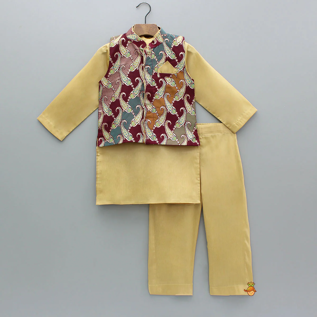 Golden Kurta With Multicolor Brocade Jacket And Pyjama