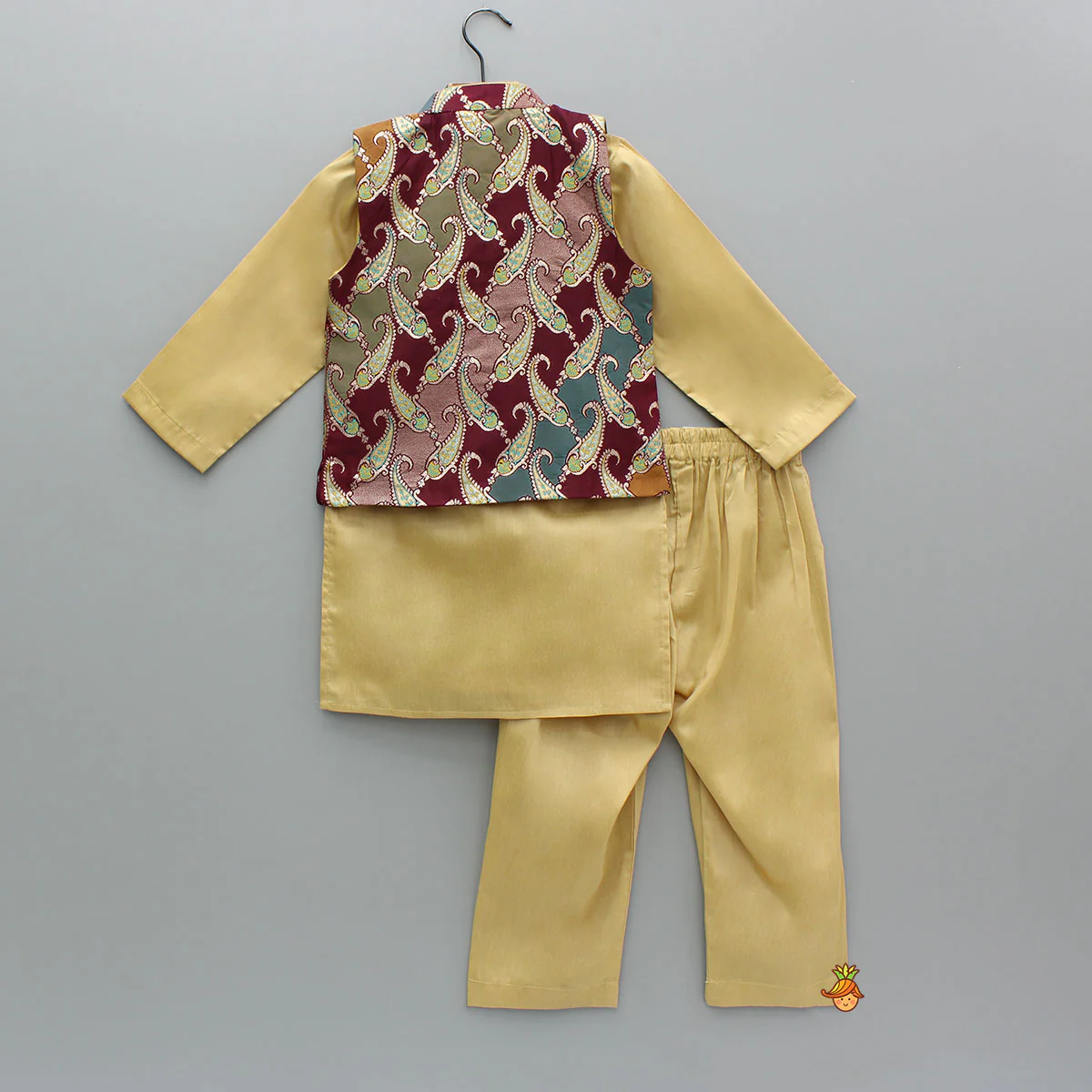 Golden Kurta With Multicolor Brocade Jacket And Pyjama - Image 2
