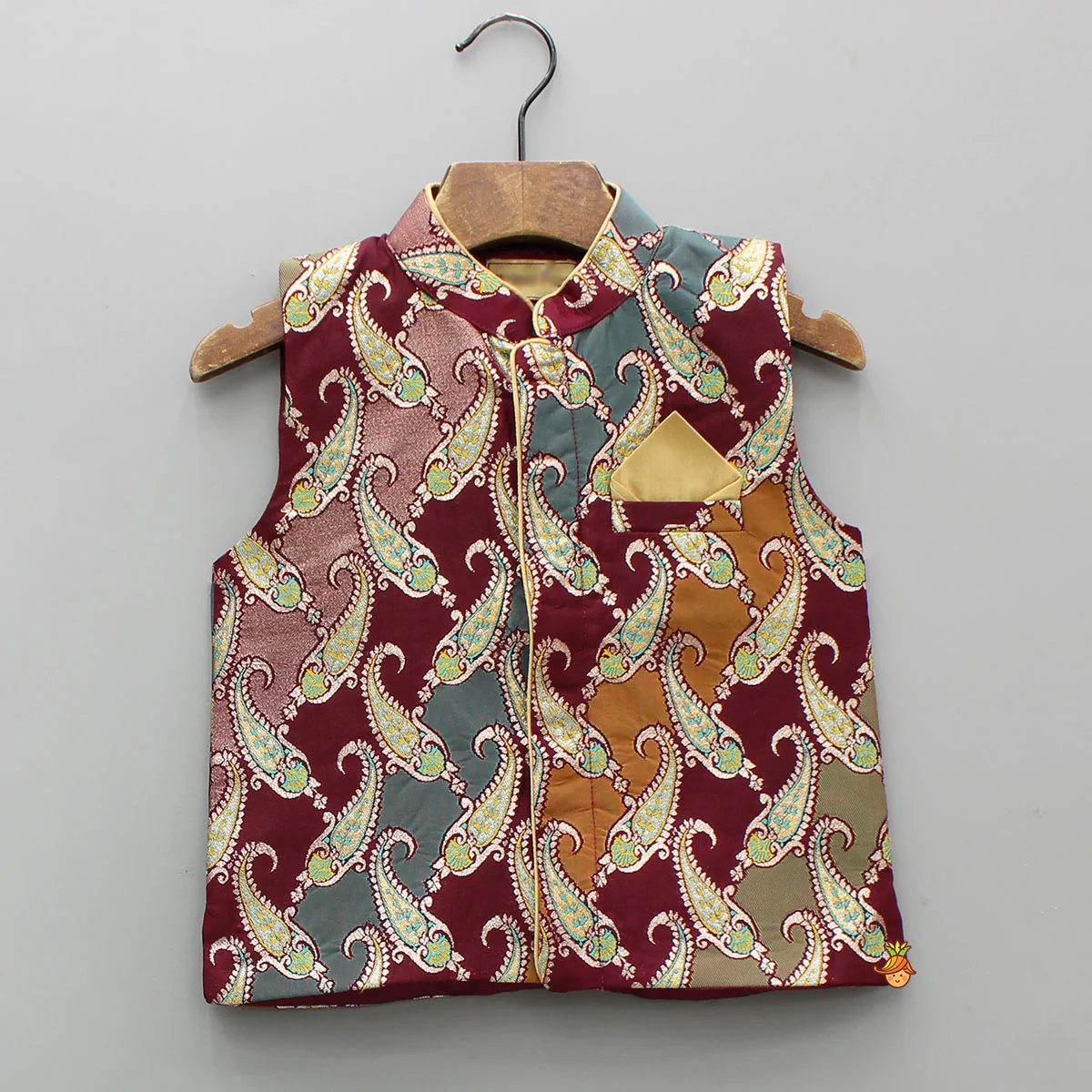 Golden Kurta With Multicolor Brocade Jacket And Pyjama - Image 6