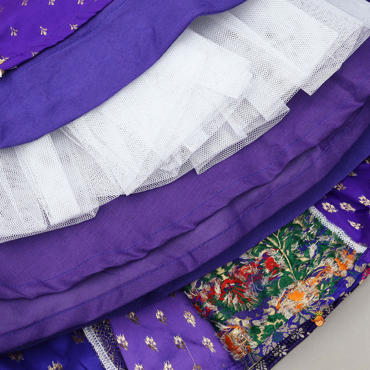 Gorgeous Embroidered Top And Brocade Lehenga With Matching Net Dupatta And Brocade Potli Bag - Image 7