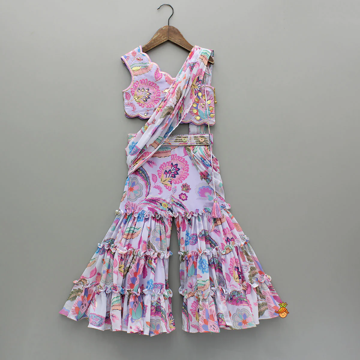 Gorgeous Multicolour Printed One Shoulder Scalloped Top With Flared Sharara And Drape Attached Dupatta
