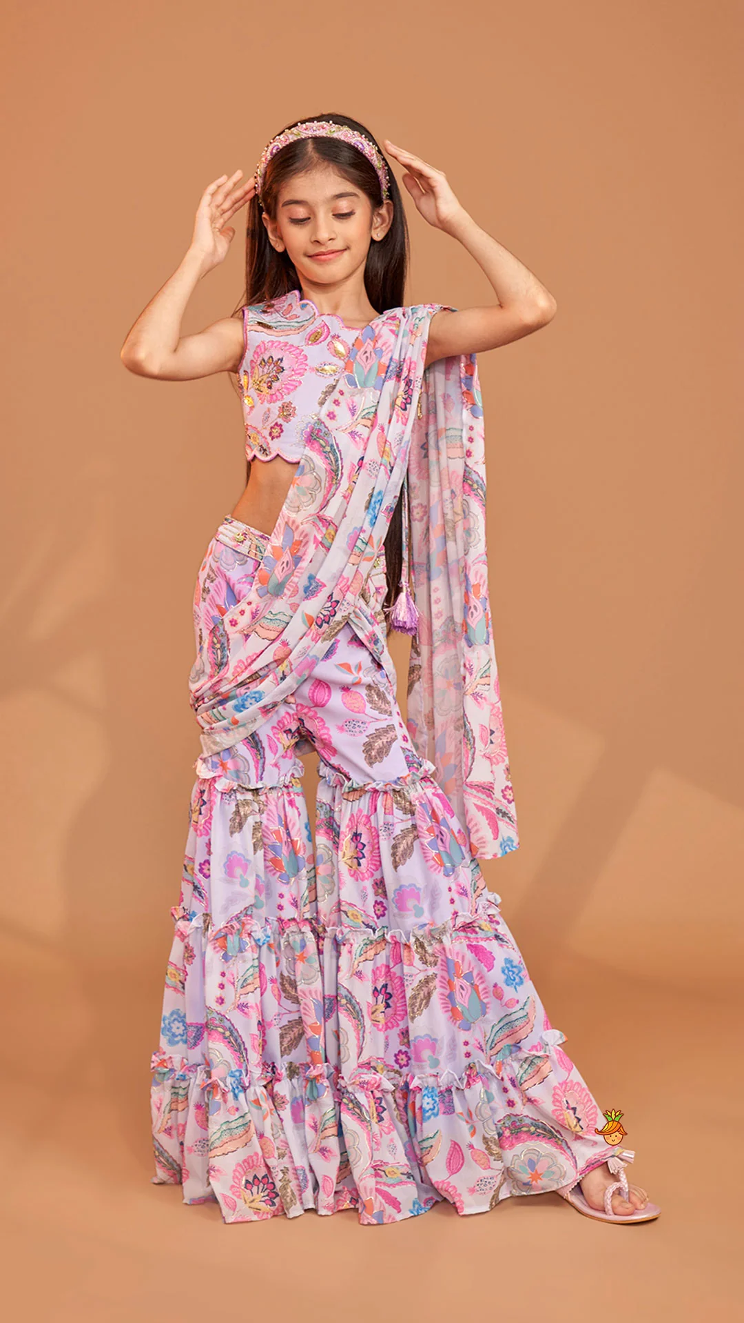 Gorgeous Multicolour Printed One Shoulder Scalloped Top With Flared Sharara And Drape Attached Dupatta - Image 4