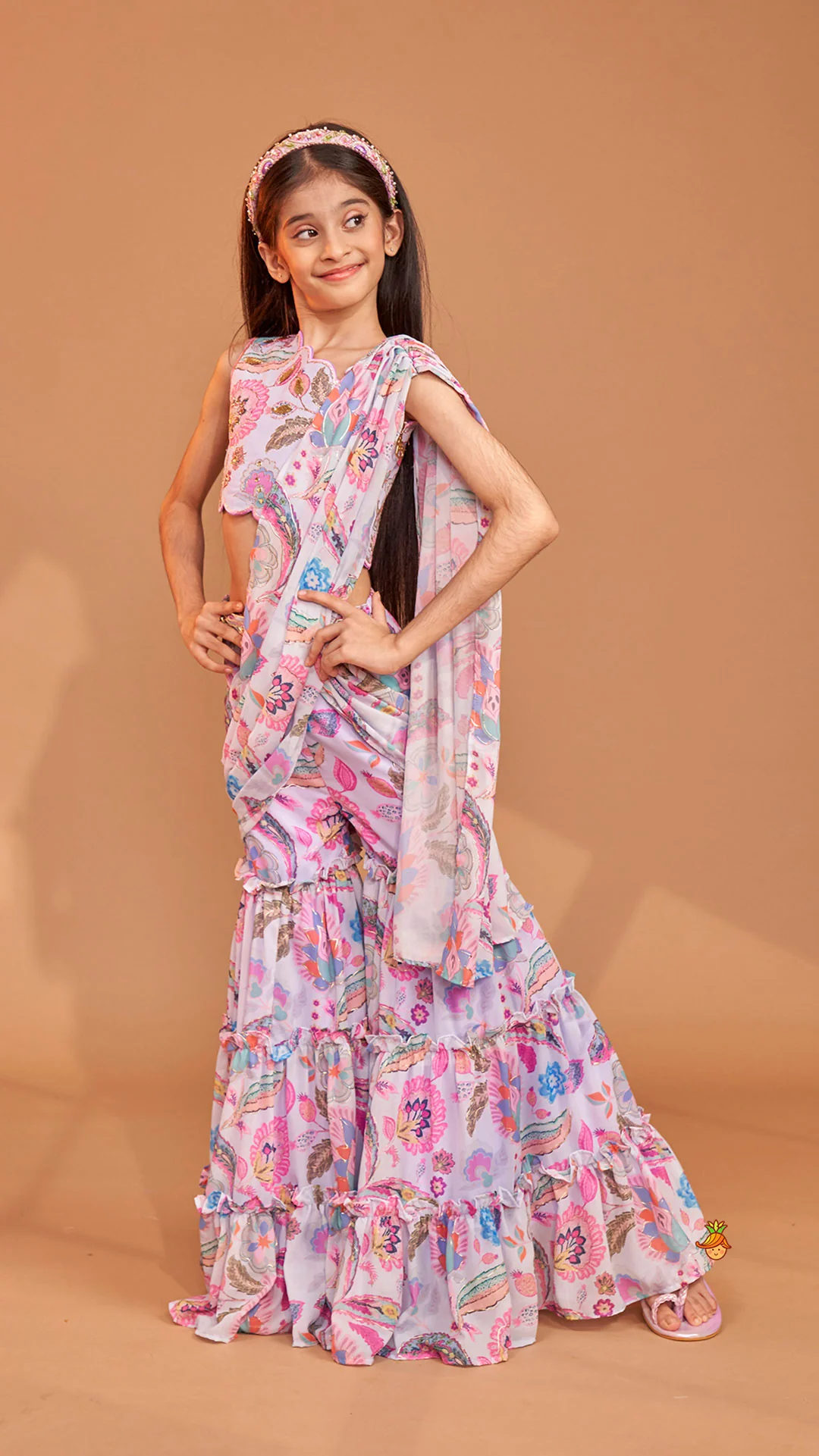Gorgeous Multicolour Printed One Shoulder Scalloped Top With Flared Sharara And Drape Attached Dupatta - Image 5