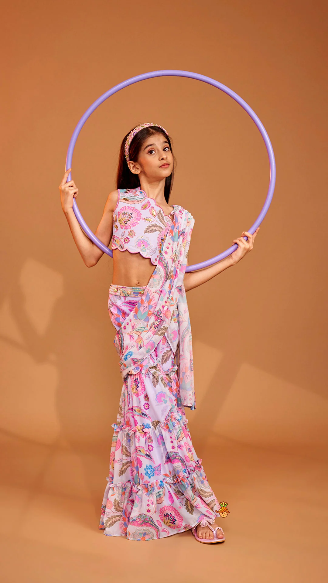 Gorgeous Multicolour Printed One Shoulder Scalloped Top With Flared Sharara And Drape Attached Dupatta - Image 6