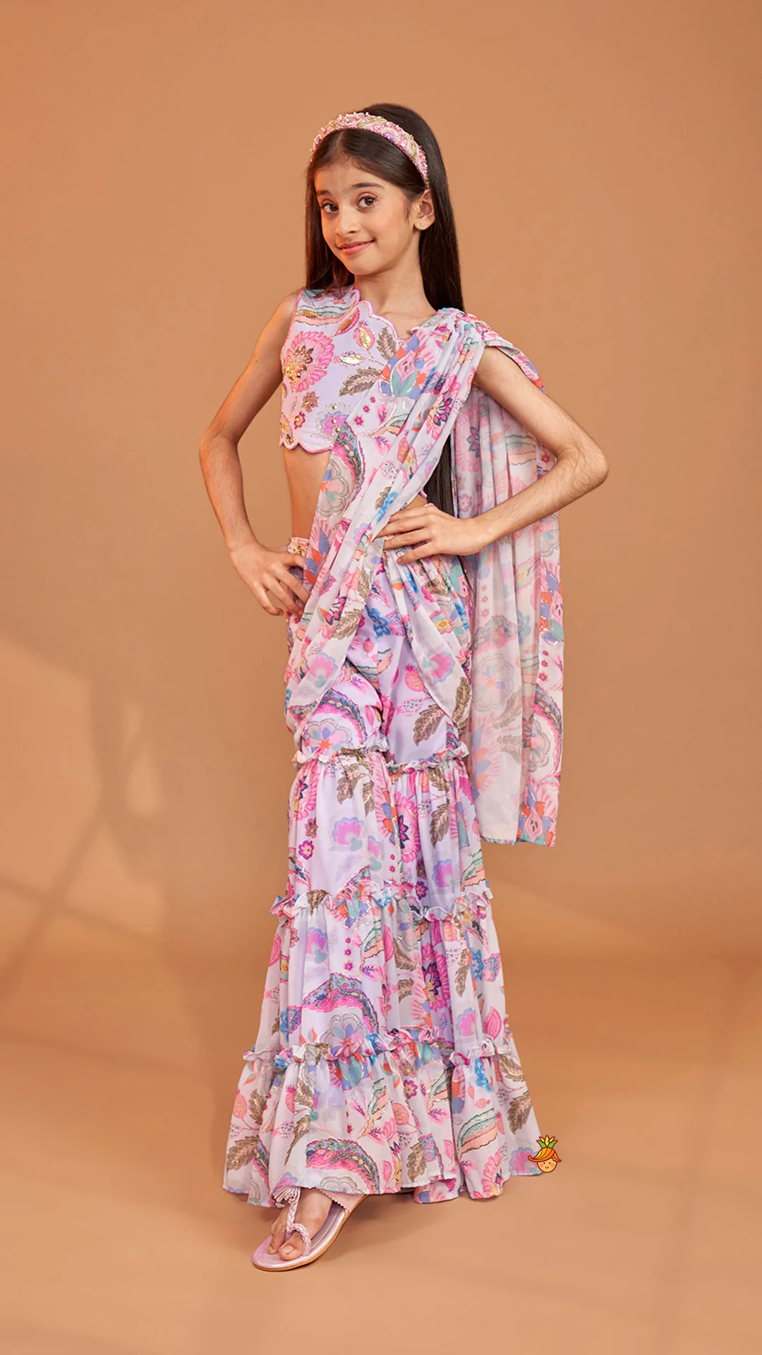 Gorgeous Multicolour Printed One Shoulder Scalloped Top With Flared Sharara And Drape Attached Dupatta - Image 2