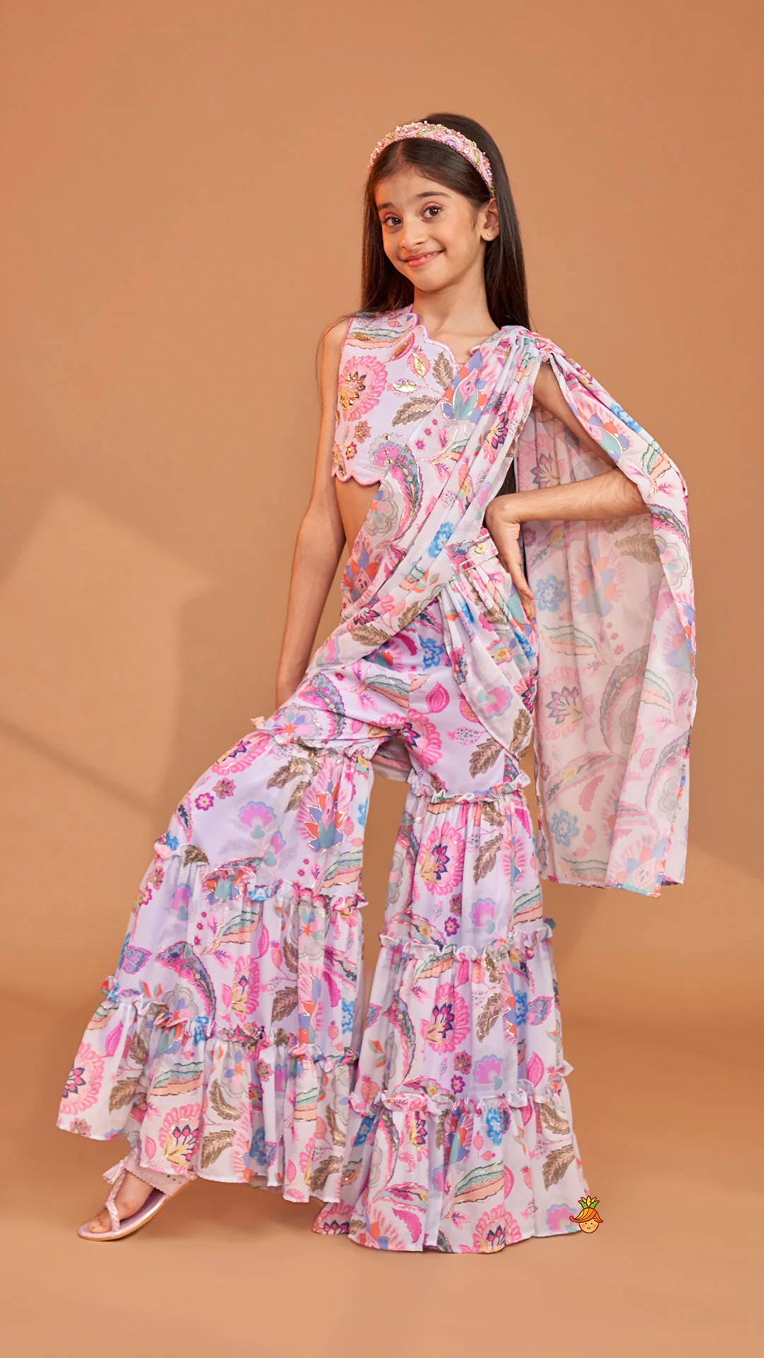 Gorgeous Multicolour Printed One Shoulder Scalloped Top With Flared Sharara And Drape Attached Dupatta - Image 3