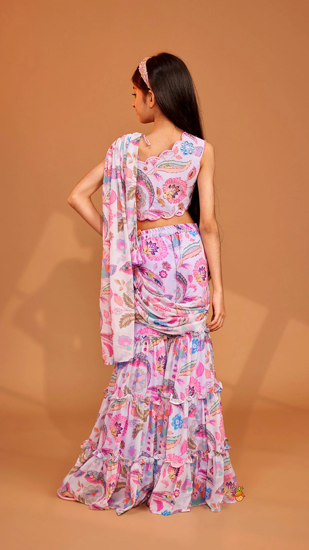 Gorgeous Multicolour Printed One Shoulder Scalloped Top With Flared Sharara And Drape Attached Dupatta - Image 9