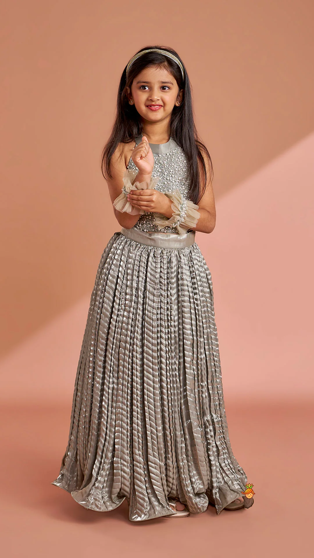 Gorgeous Open-Back Top And Crushed Lehenga With Wrist Cuff - Image 2