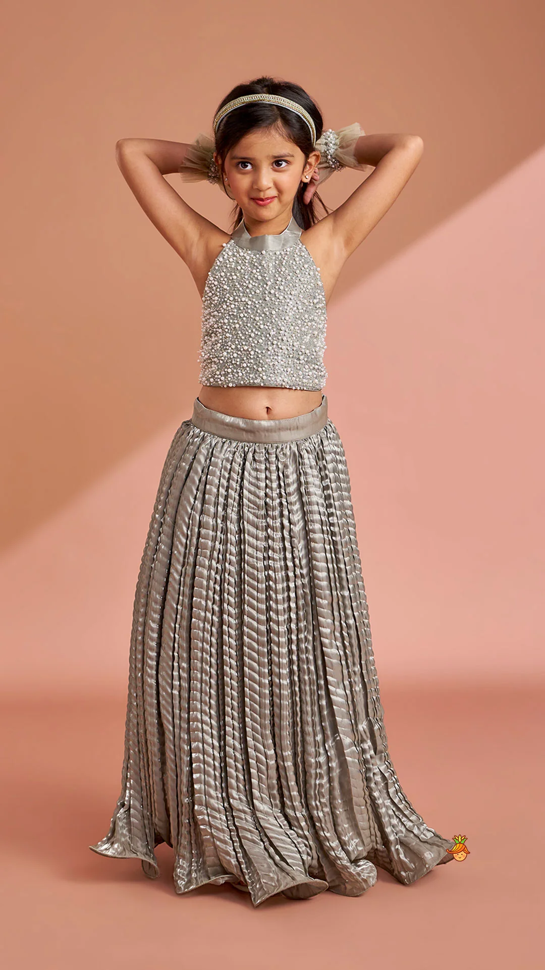 Gorgeous Open-Back Top And Crushed Lehenga With Wrist Cuff - Image 4