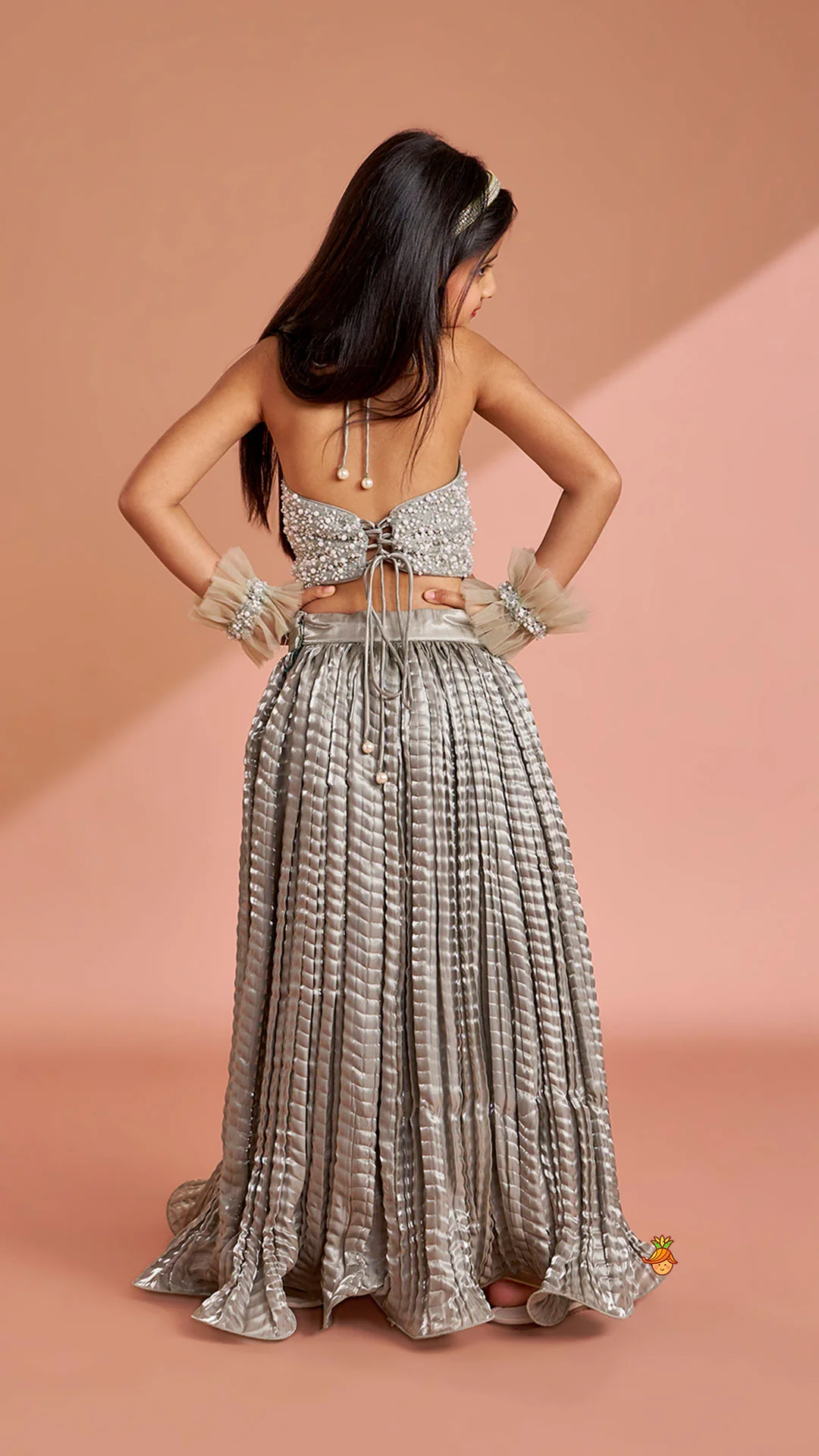Gorgeous Open-Back Top And Crushed Lehenga With Wrist Cuff - Image 8