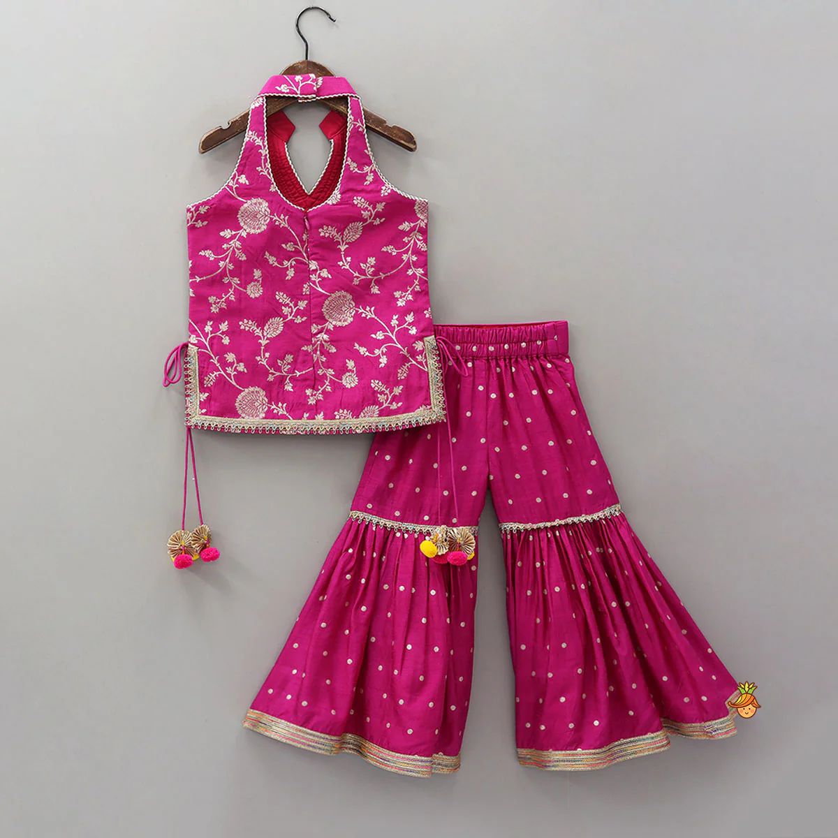 Gorgeous Pink Halter Neck Embroidered Kurti With Sharara And Dupatta - Image 2