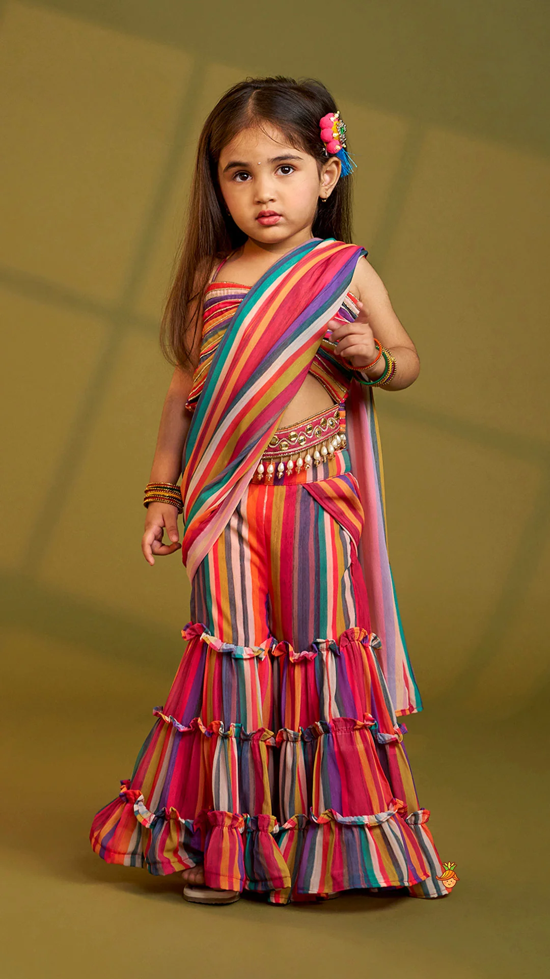Gorgeous Striped Top With Tiered Sharara And Attached Drape Dupatta - Image 2