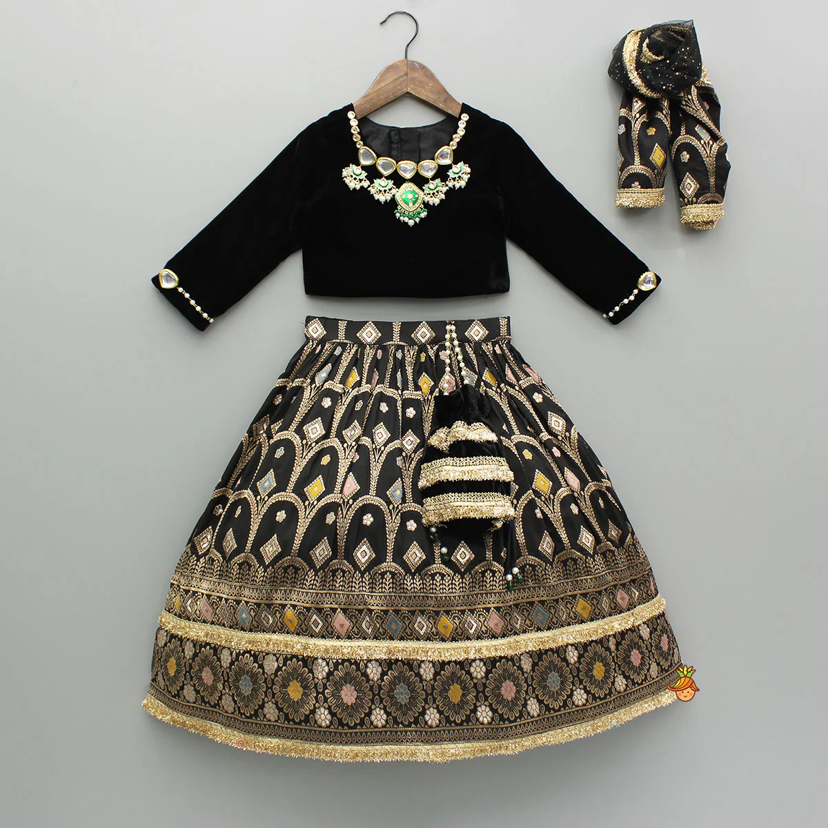 Gorgeous Studded Black Velvet Top With Brocade Embroidered Lehenga And Shimmery Dupatta With Potli Bag