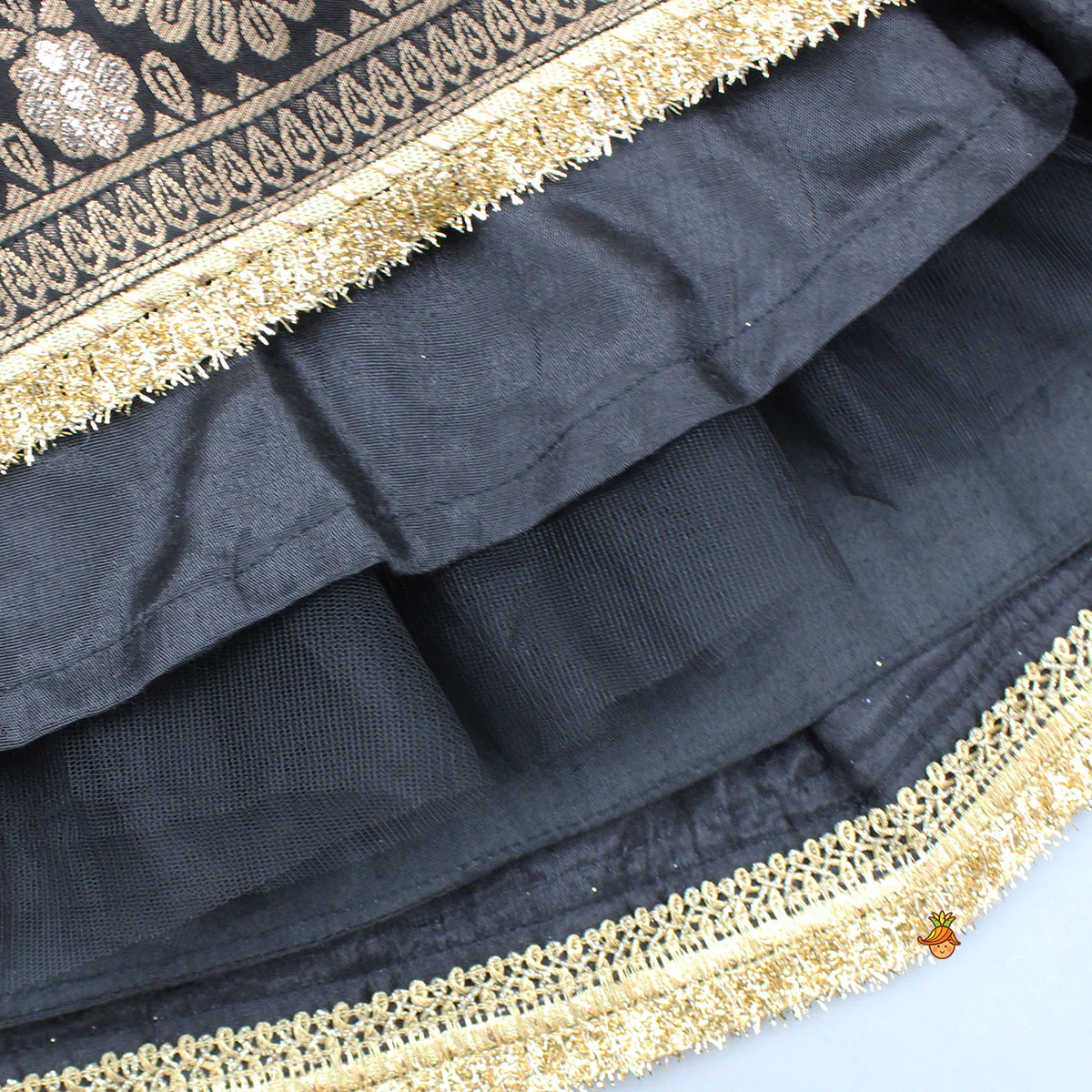 Gorgeous Studded Black Velvet Top With Brocade Embroidered Lehenga And Shimmery Dupatta With Potli Bag - Image 10