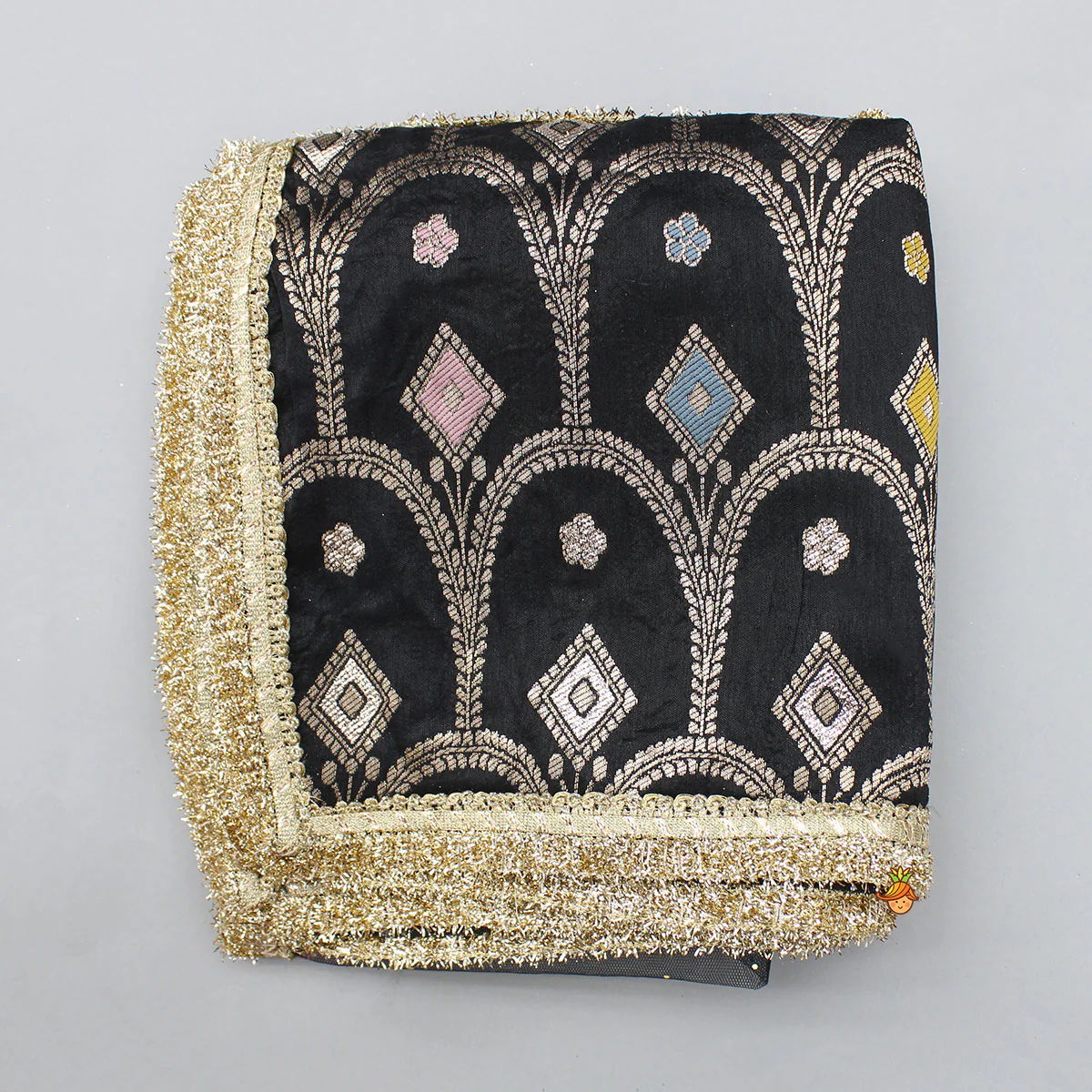 Gorgeous Studded Black Velvet Top With Brocade Embroidered Lehenga And Shimmery Dupatta With Potli Bag - Image 11