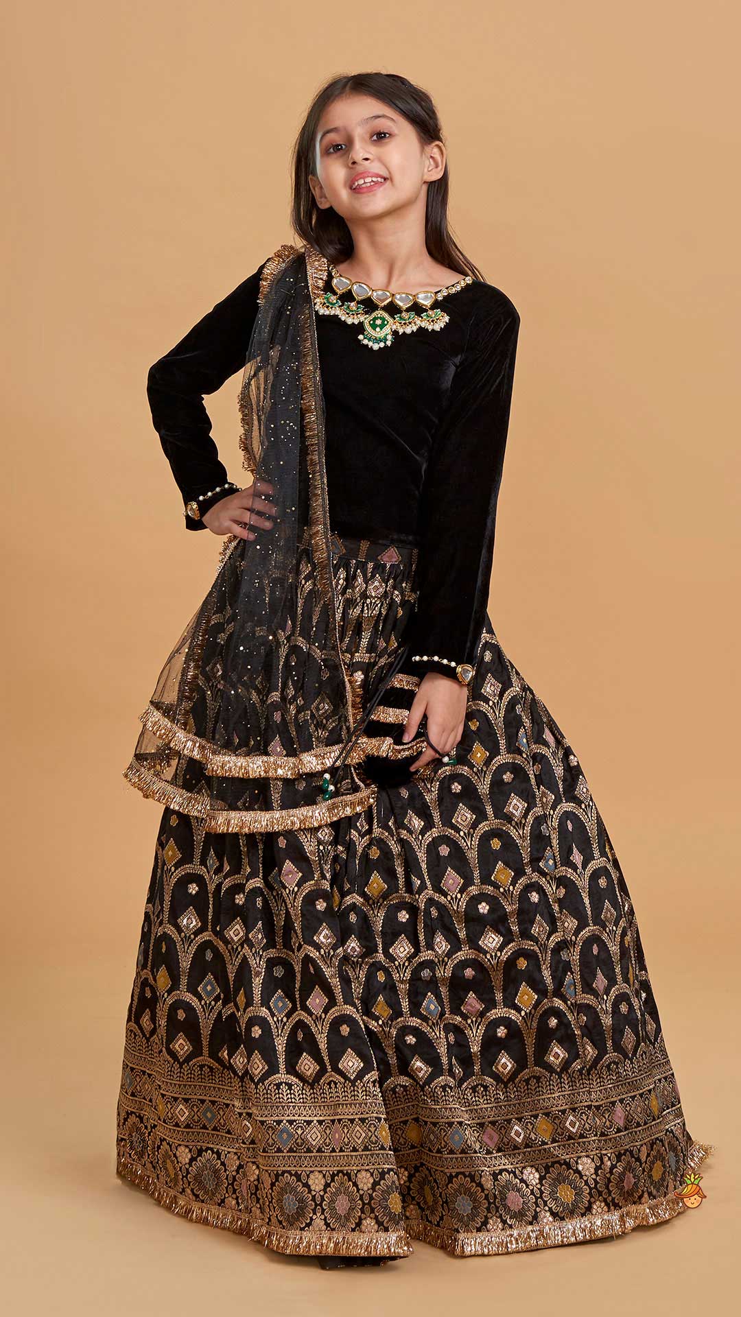 Gorgeous Studded Black Velvet Top With Brocade Embroidered Lehenga And Shimmery Dupatta With Potli Bag - Image 2