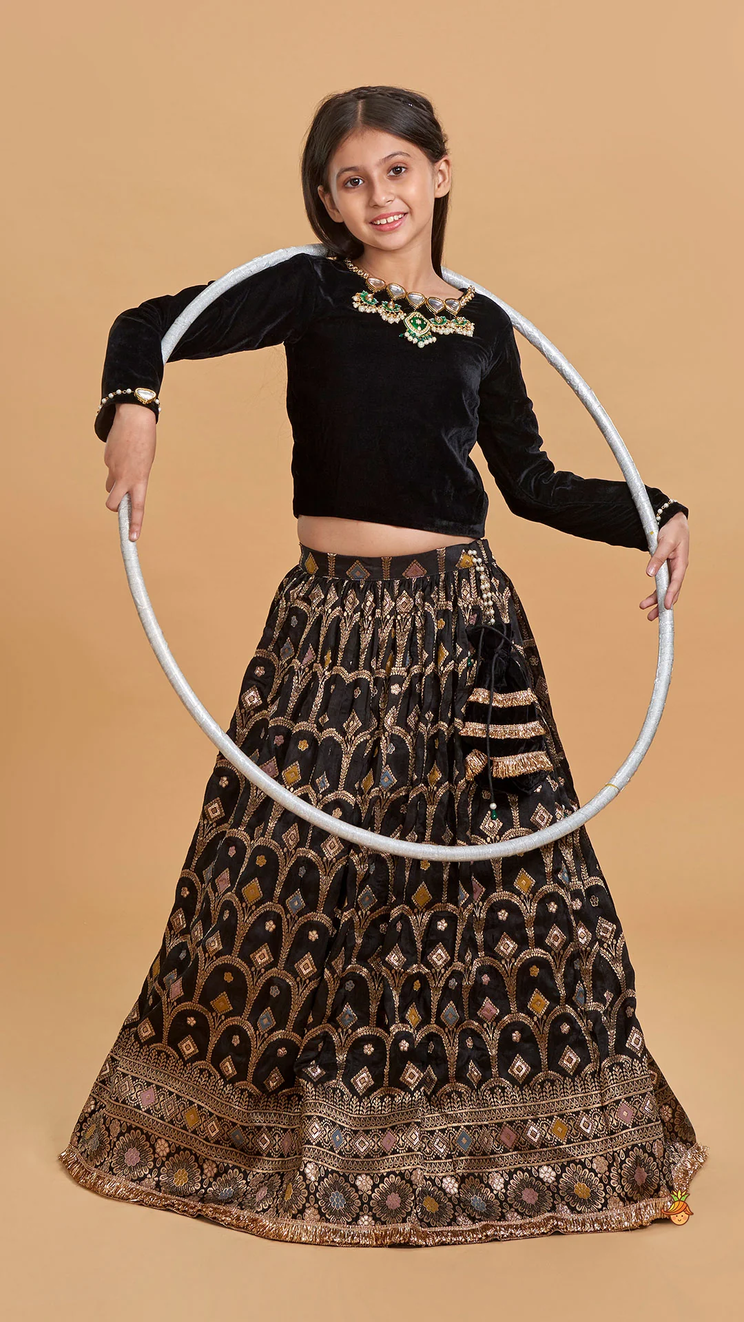 Gorgeous Studded Black Velvet Top With Brocade Embroidered Lehenga And Shimmery Dupatta With Potli Bag - Image 3