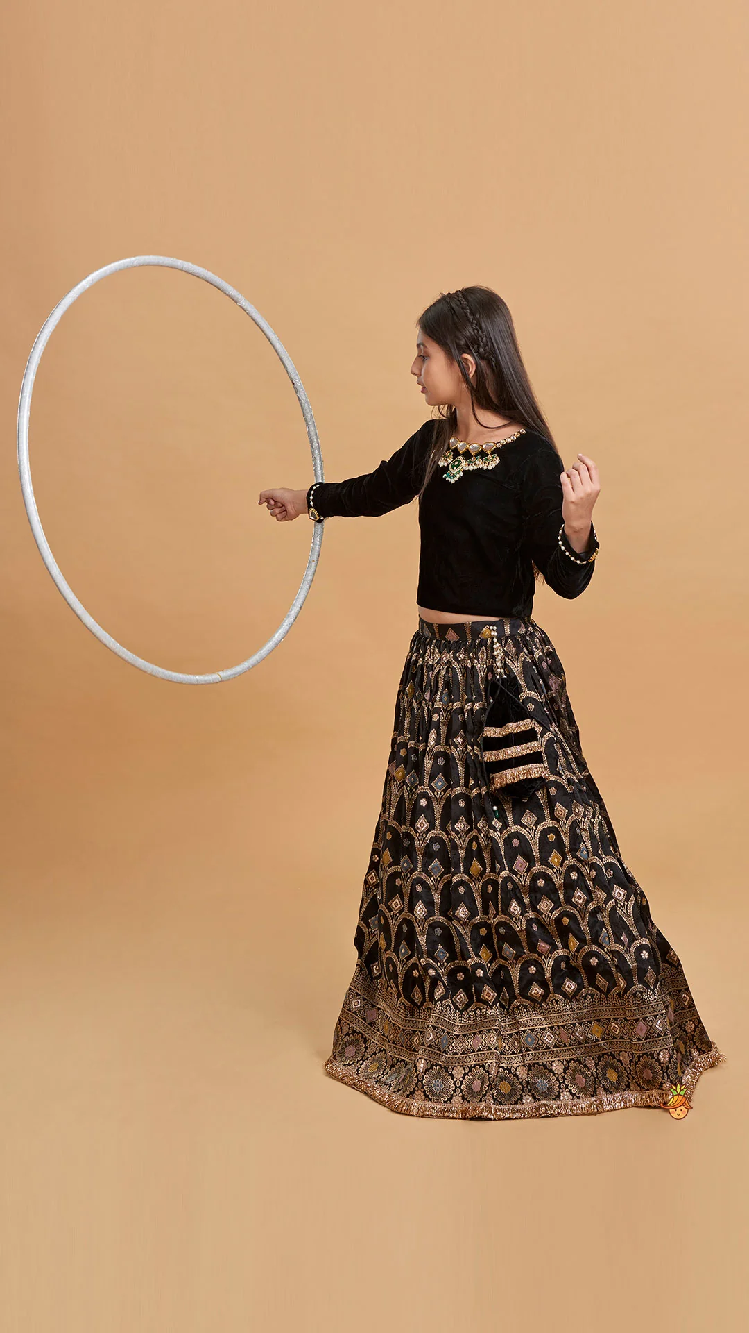 Gorgeous Studded Black Velvet Top With Brocade Embroidered Lehenga And Shimmery Dupatta With Potli Bag - Image 4