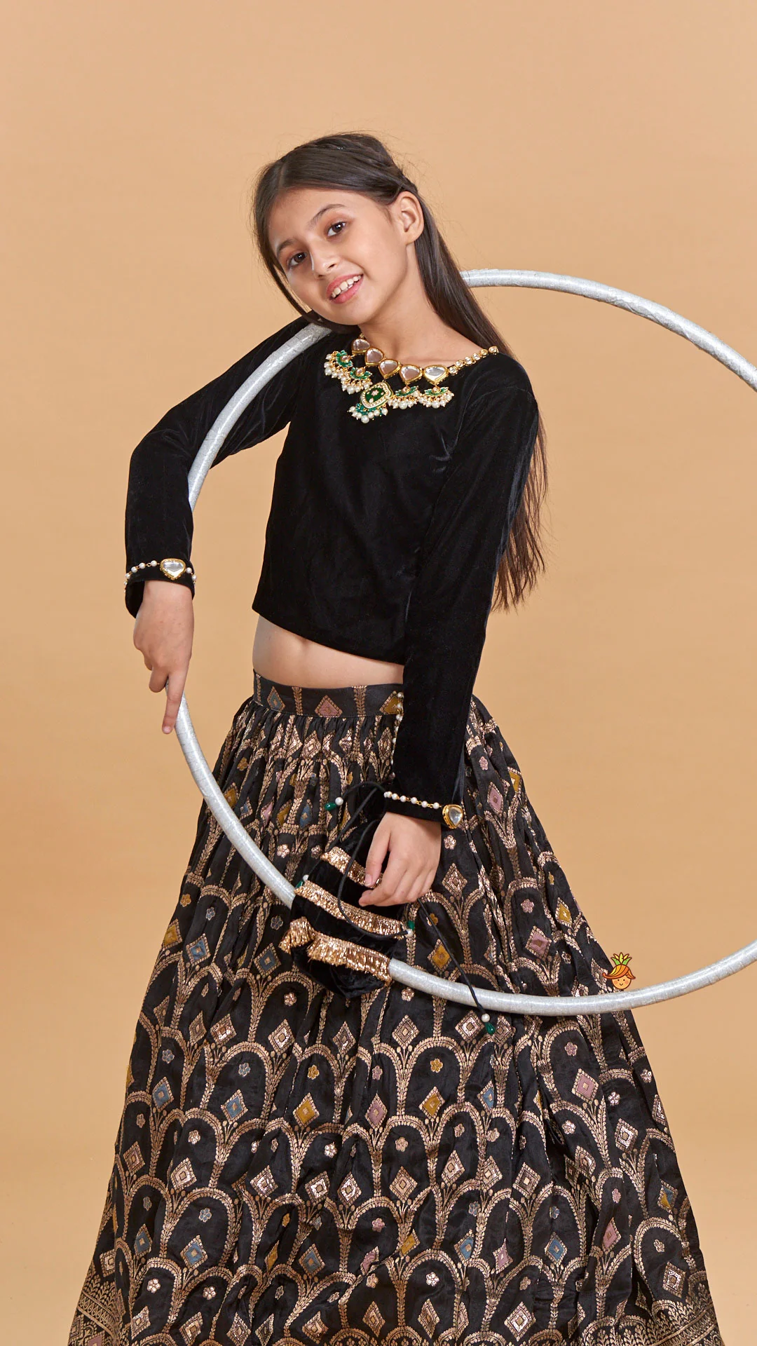 Gorgeous Studded Black Velvet Top With Brocade Embroidered Lehenga And Shimmery Dupatta With Potli Bag - Image 5
