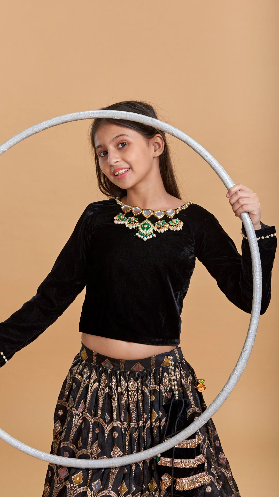 Gorgeous Studded Black Velvet Top With Brocade Embroidered Lehenga And Shimmery Dupatta With Potli Bag - Image 6