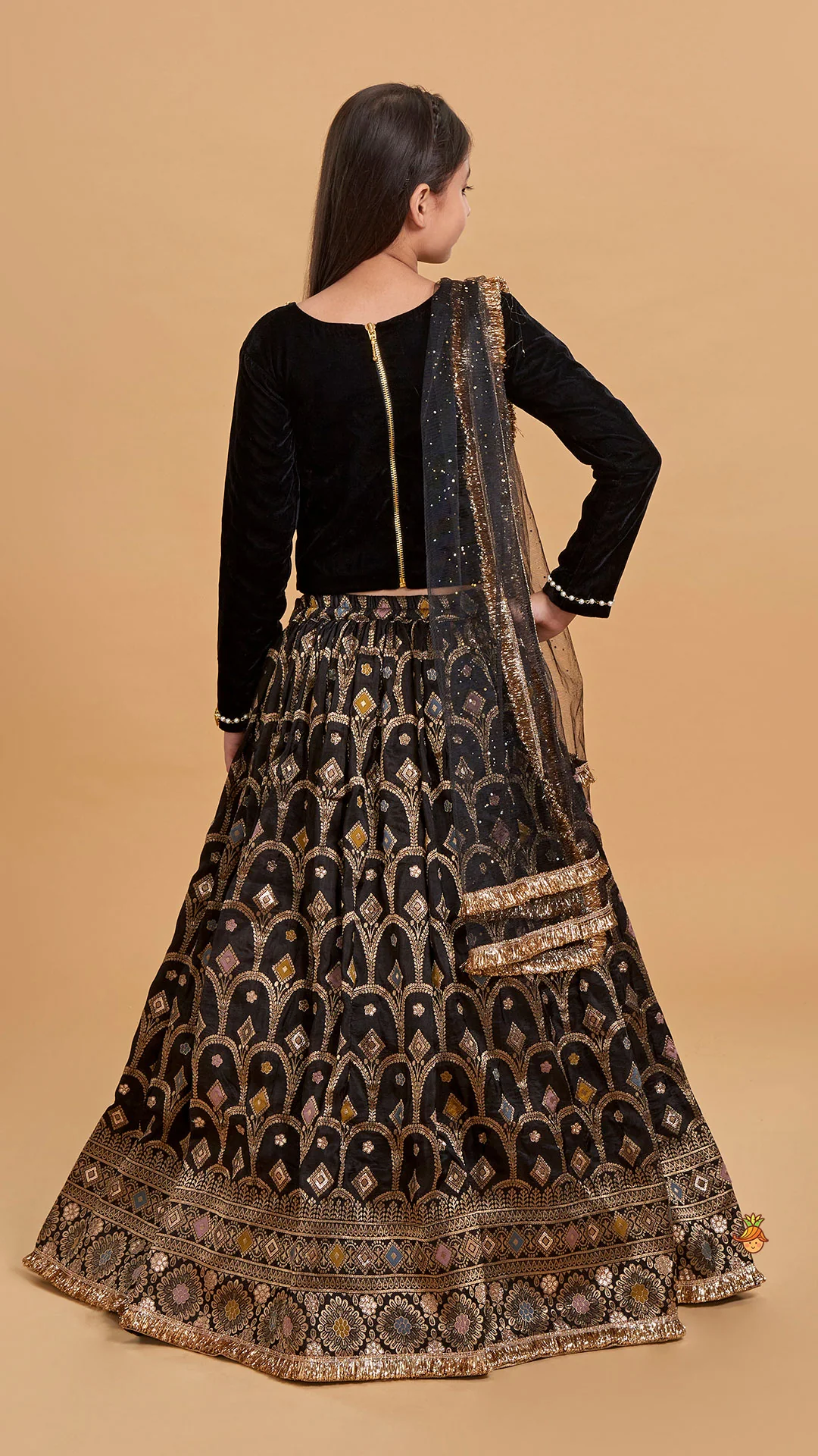 Gorgeous Studded Black Velvet Top With Brocade Embroidered Lehenga And Shimmery Dupatta With Potli Bag - Image 8