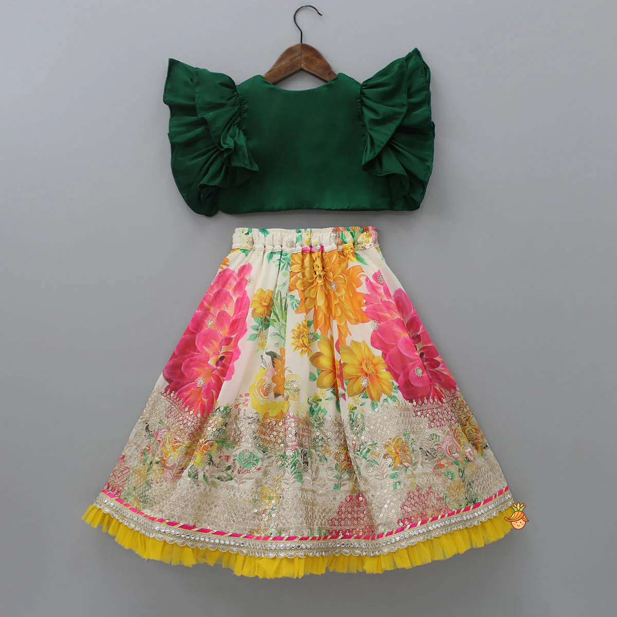 Gota Floral Work Front Open Green Top And Printed Lehenga With Dupatta - Image 2
