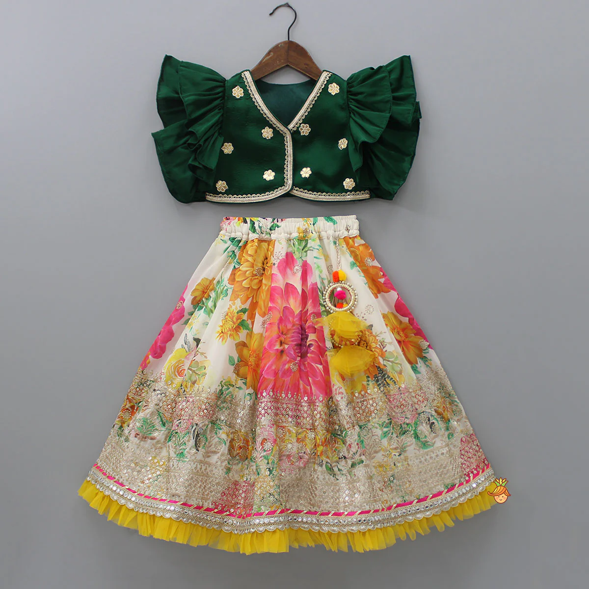 Gota Floral Work Front Open Green Top And Printed Lehenga With Dupatta - Image 3