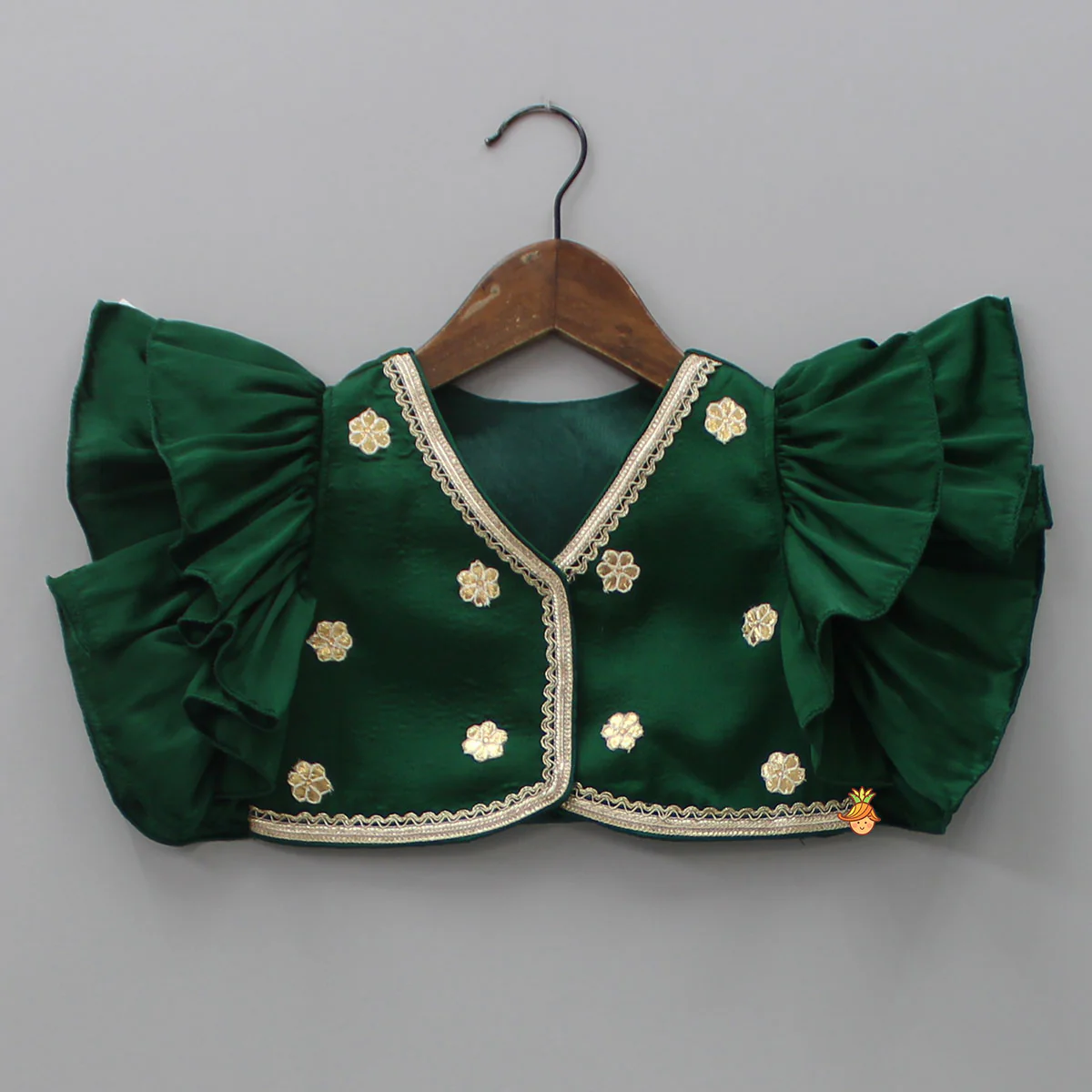 Gota Floral Work Front Open Green Top And Printed Lehenga With Dupatta - Image 4