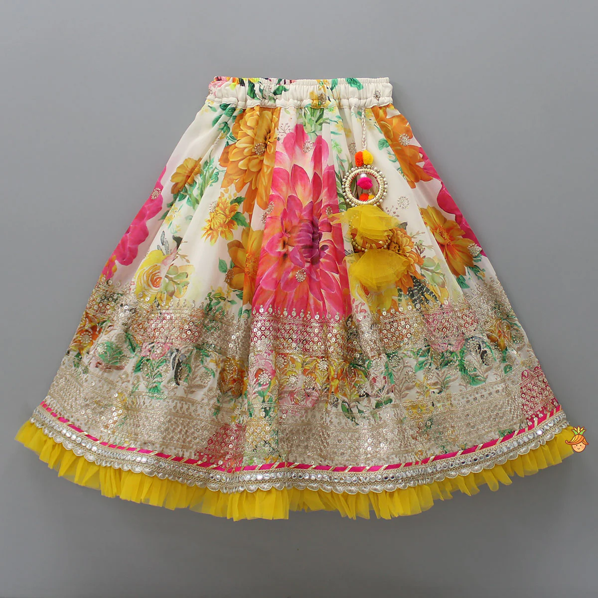Gota Floral Work Front Open Green Top And Printed Lehenga With Dupatta - Image 5