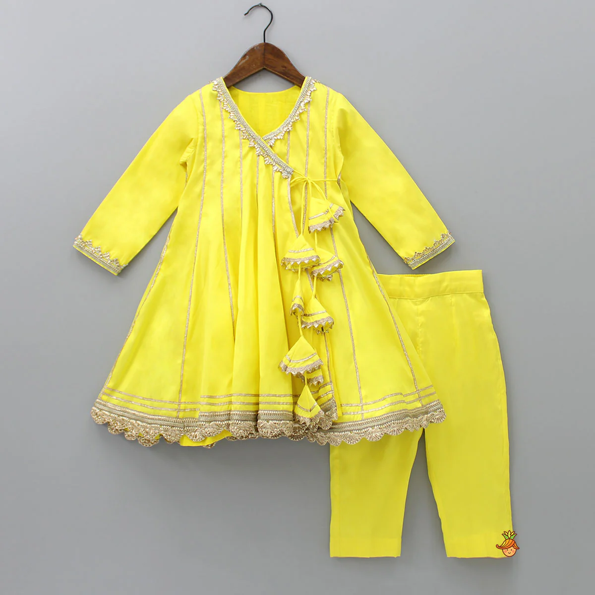 Gota Lace Detailed Angarkha Style Yellow Kurti And Pant