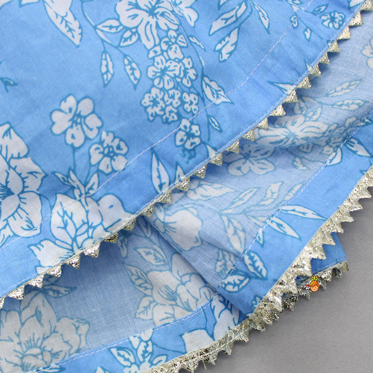 Gota Lace Detailed Floral Printed Blue Top And Sharara - Image 5