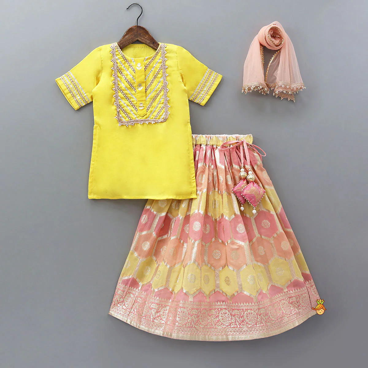Gota Lace Detailed Yoke Kurti And Brocade Lehenga With Net Dupatta