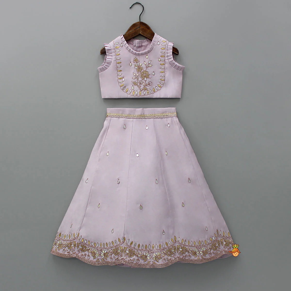 Gota Work Detail Lilac Top And Lehenga With Net Dupatta - Image 3